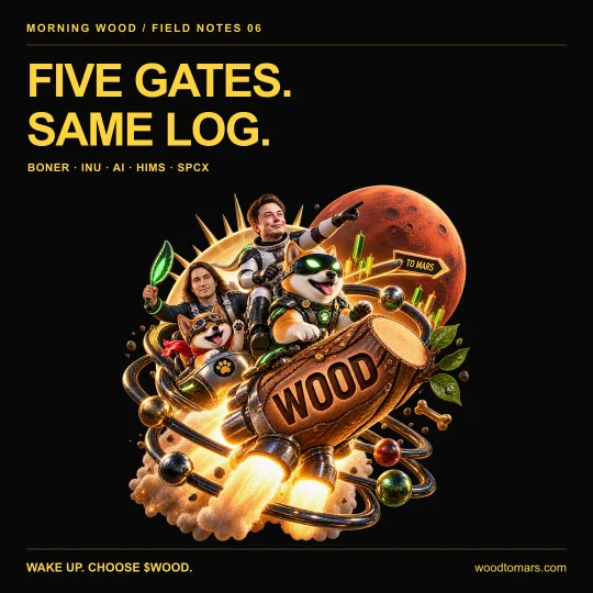 FIVE GATES. SAME LOG. BONER · INU · AI · HIMS · SPCX