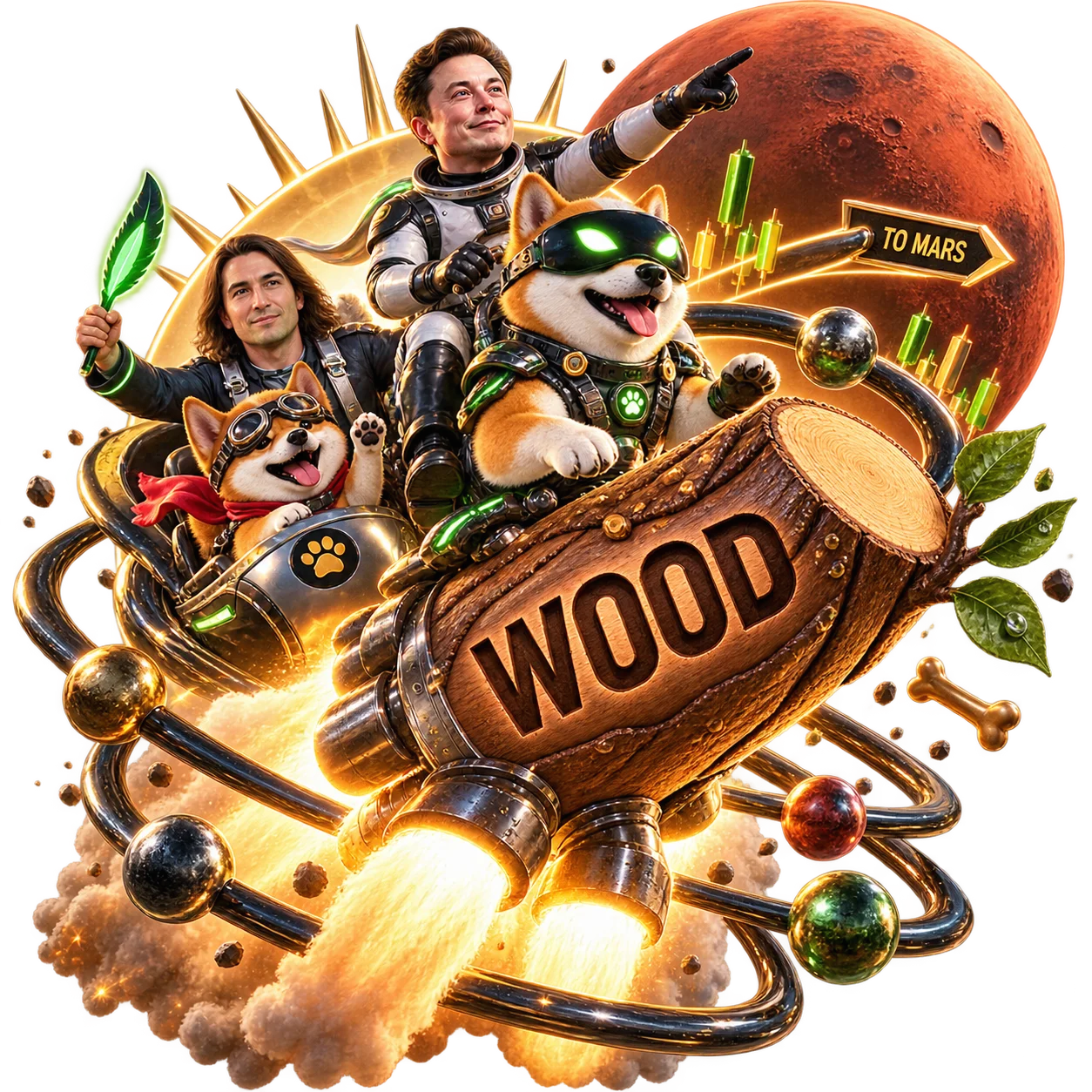 A rocket-powered log marked WOOD carries a cartoon space crew and two dogs toward Mars.